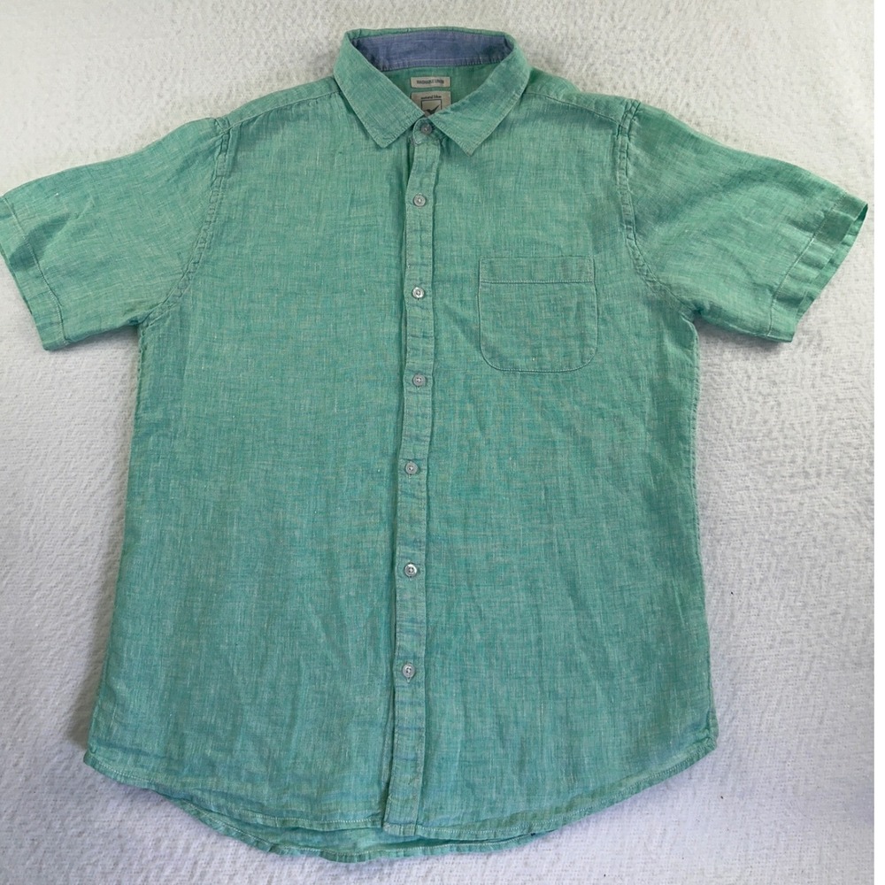 Natural Blue Button Up Shirt Mens L‎ Washable Linen Short Sleeve  Summer Party